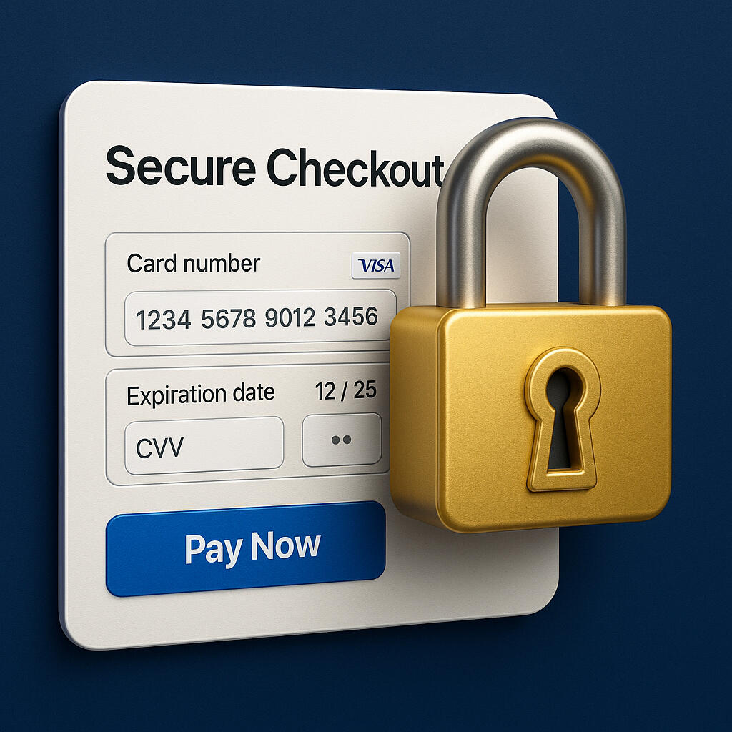 Safety Gold padlock image with a secure checkout behind it.