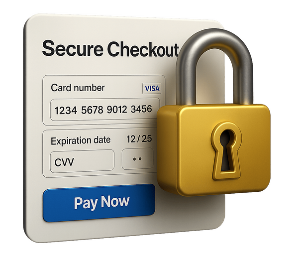 Safety Gold padlock image with a secure checkout behind it.